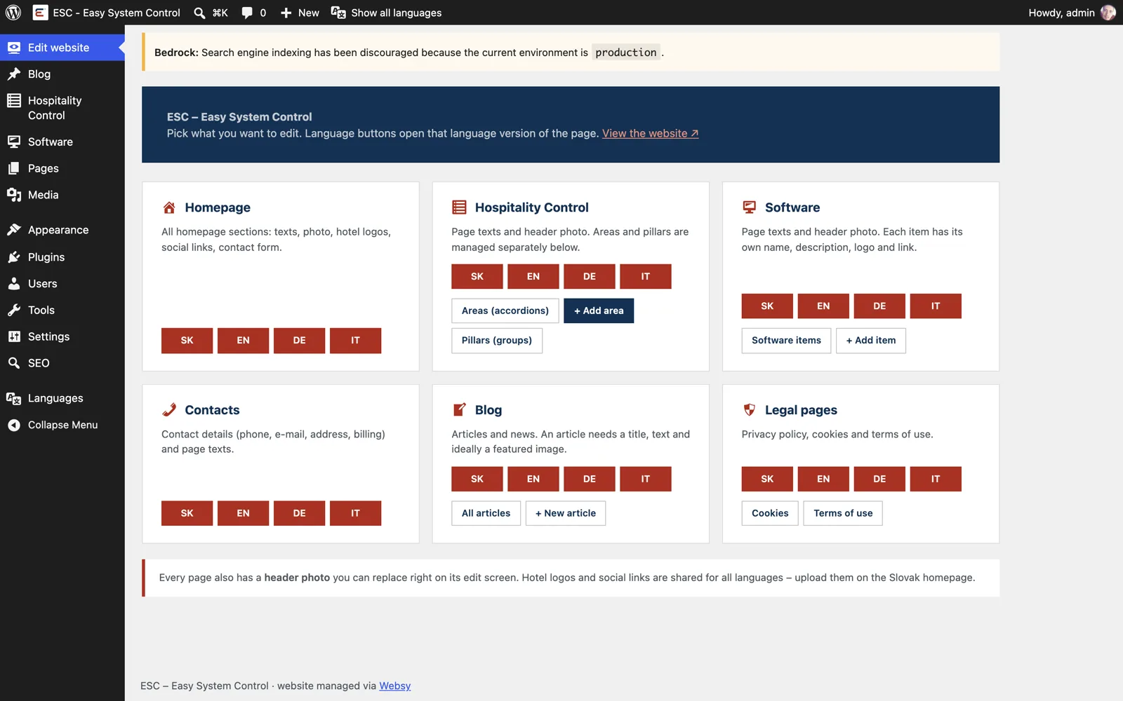 The dashboard: click the language next to the part you want to edit.
