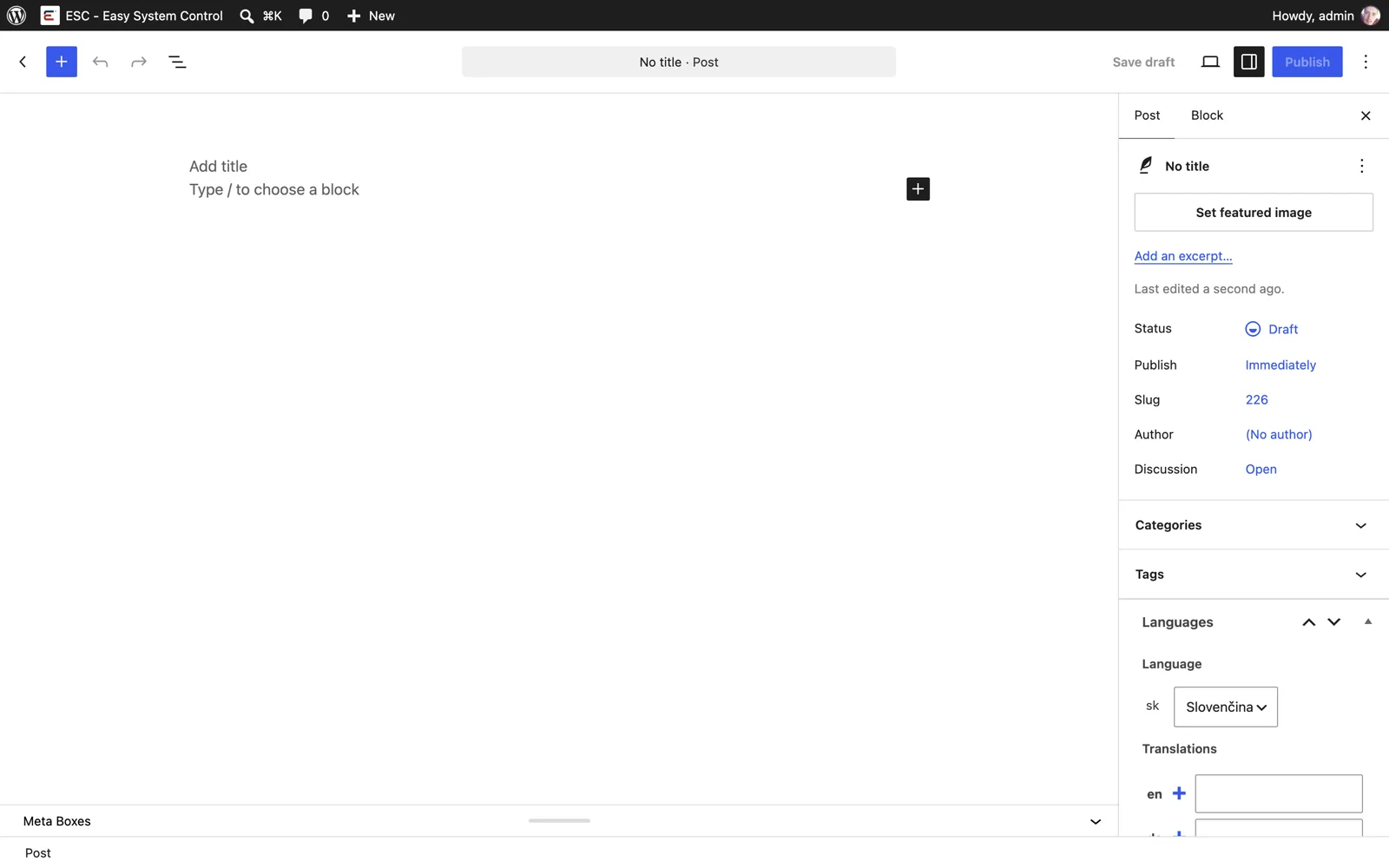 The article editor. On the right you set the photo, excerpt and language.